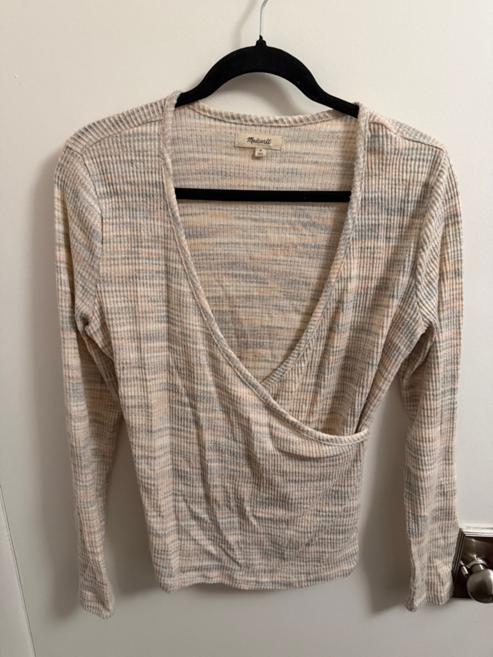 Madewell Cream Heathered Ribbed V-Neck Wrap Sweater